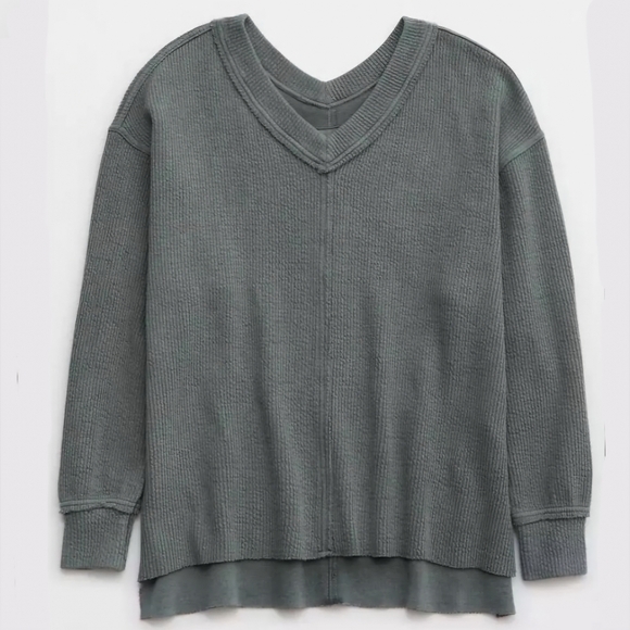 Aerie | Wonder Textured V-Neck Sage Slouchy Sweatshirt Women's XL - Picture 2 of 8